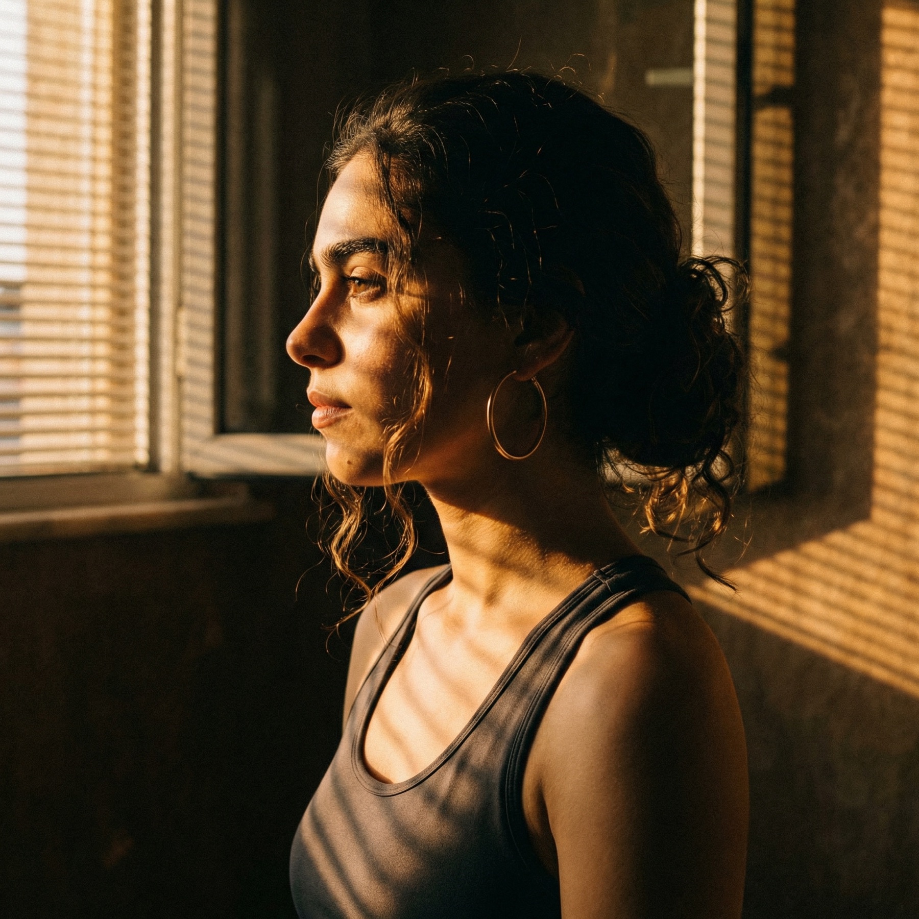 Carolina Soulia, retrato de perfil con luz cálida de atardecer filtrada por persiana veneciana